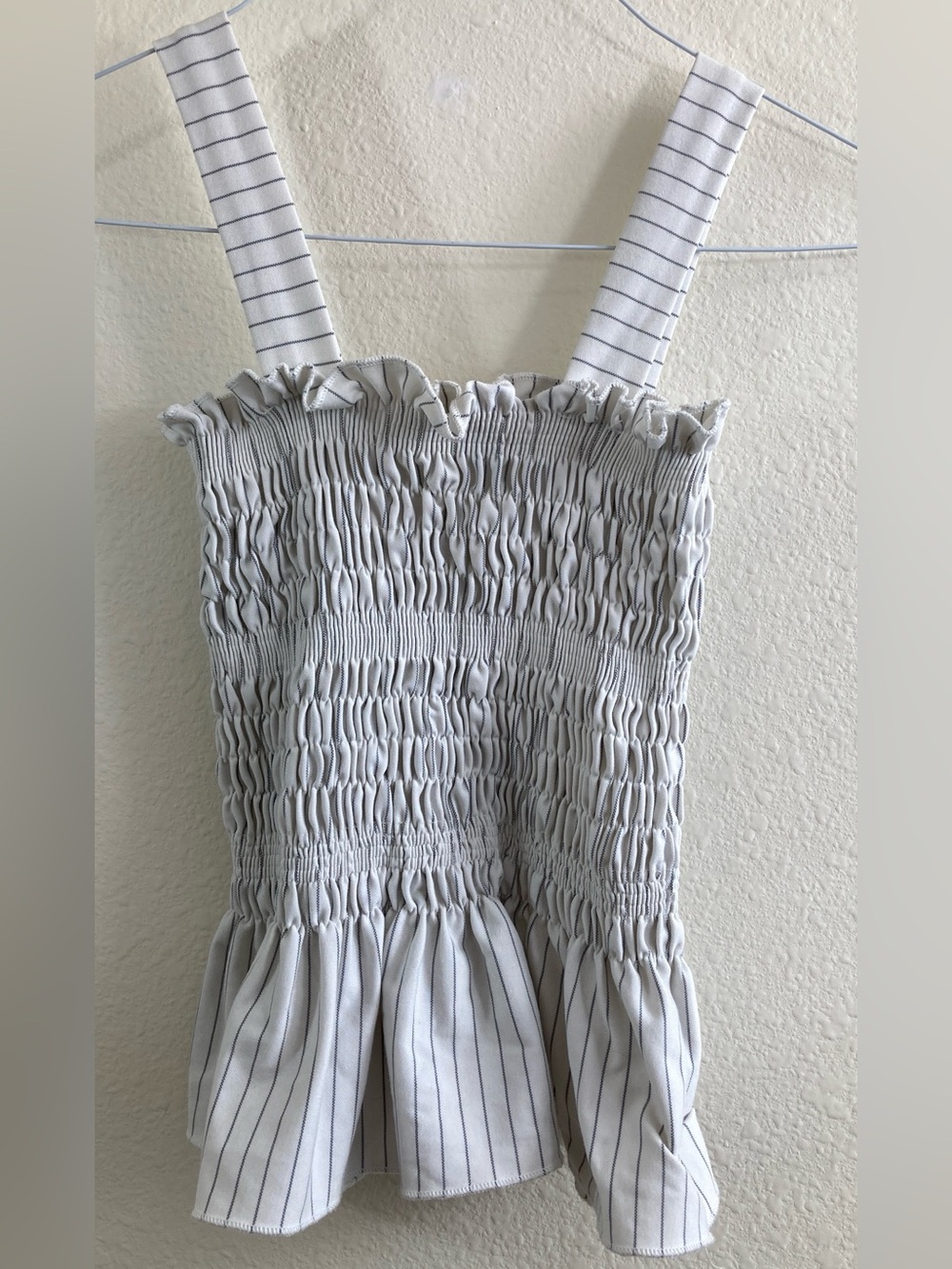 Yuxuan White Black Pinstripe Smocked Peplum Tank Top Size M